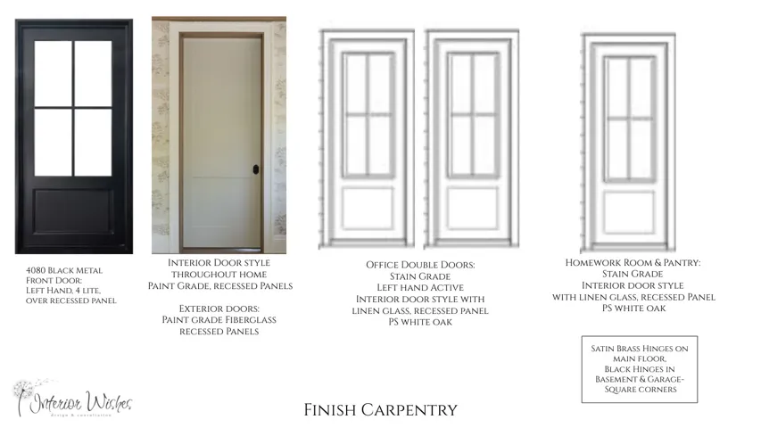 Finish Carpentry Specification. Detailing door styles, materials, and hardware for the property