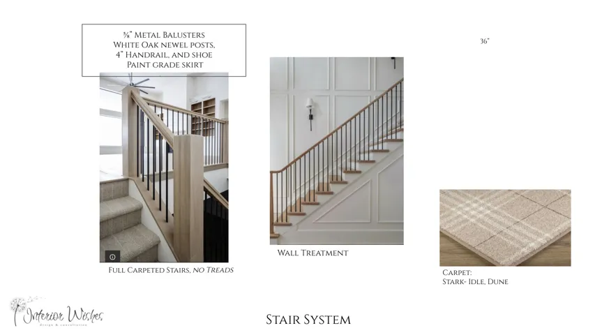Design Specification, Stair System. Detailing material and finish selections for the property's stairway components