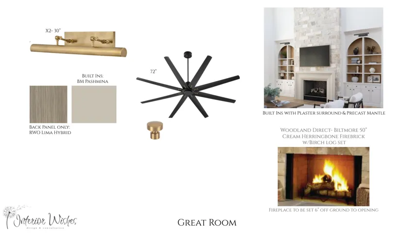 Interior Design Specification. Details for the property's great room, including built-ins, lighting, fan, and fireplace components
