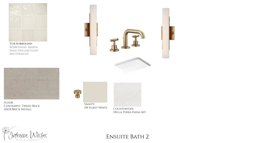 Interior Design Specification Sheet. Detailing material and fixture selections for EnSuite Bath 2, including tub surround, flooring, vanity, countertops, and hardware