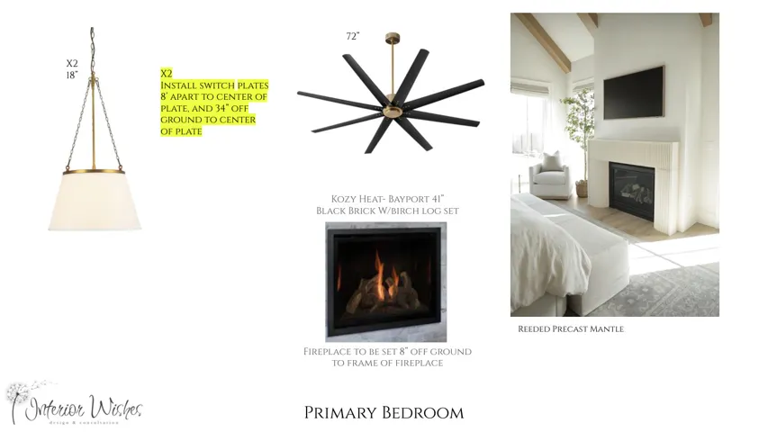Design Specification Document, Primary Bedroom Section. Detailing fixture specifications and installation parameters for the property's primary bedroom