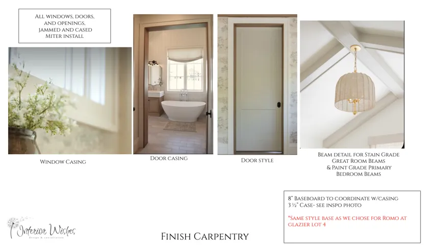Architectural Specification Document. Detailing finish carpentry elements for the property, including window casing, door casing, door style, and beam details