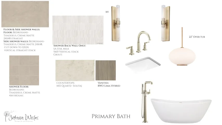 Design Board. Detailing material and fixture selections for a primary bathroom in the property