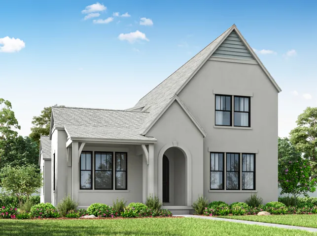 Stucco exterior with a pitched roof, black-framed windows, an arched entry, and a covered porch