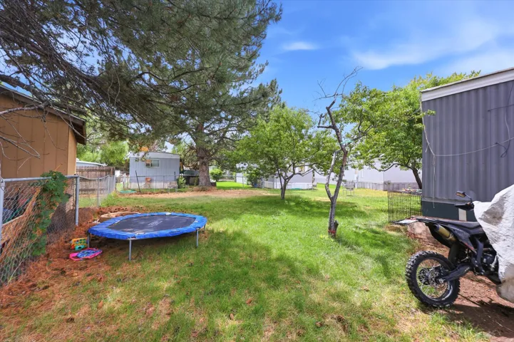 Expansive grassy yard with mature trees and a chain-link fence