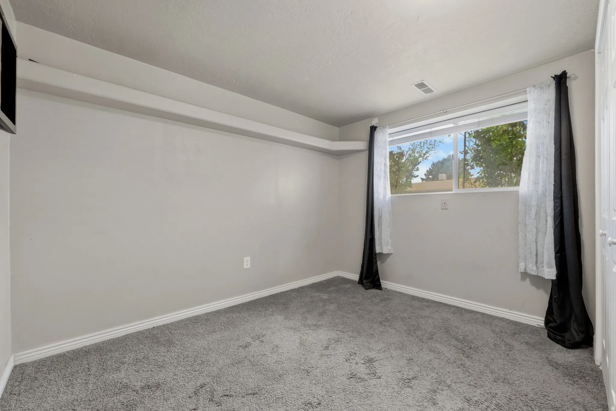 Gray carpeted flooring, light gray walls, white trim, and a window with a white frame