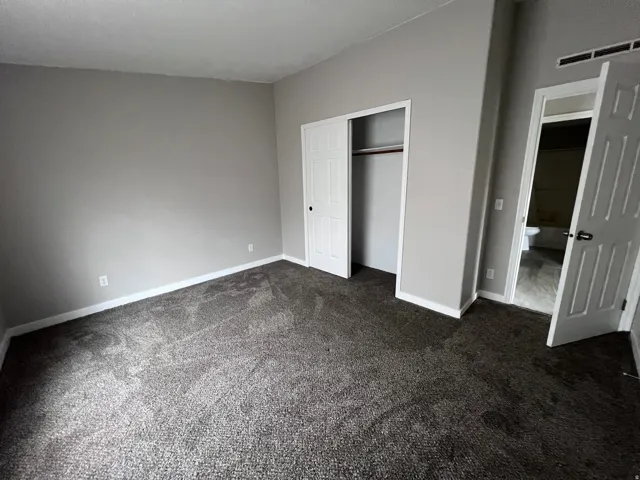 Neutral wall paint, gray carpeting, white trim, bi-fold closet doors, and an additional doorway