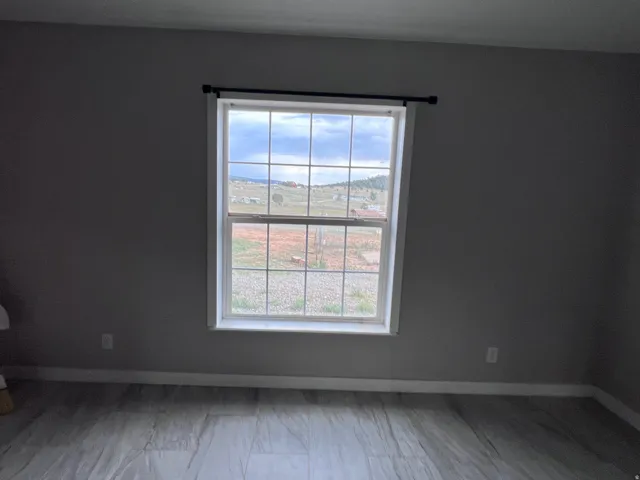 Large window with grid patterns, light gray walls, white trim, and wood-finish flooring