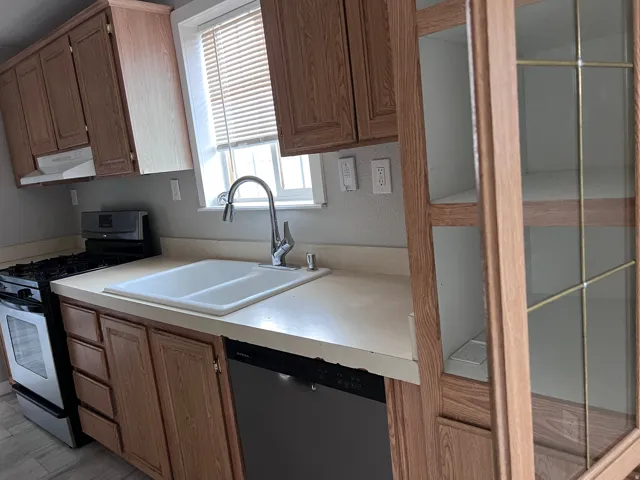Wood-finish cabinetry with glass-front display cabinet, double-basin sink with gooseneck faucet, light-toned countertops, and stainless steel dishwasher