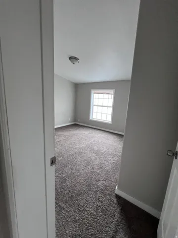 Plush carpet flooring, neutral paint palette, window with horizontal blinds, and a flush mount ceiling light fixture