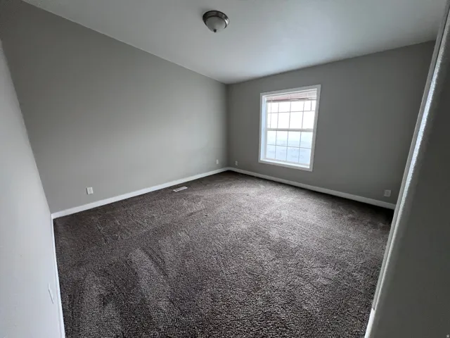 Neutral gray wall paint, white window trim, and dark carpeting