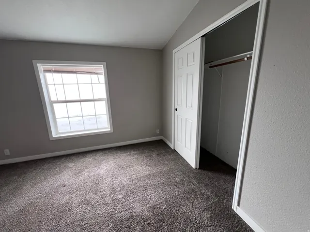 Carpeted flooring, window with blinds, panel closet doors, and a built-in closet rod with shelving