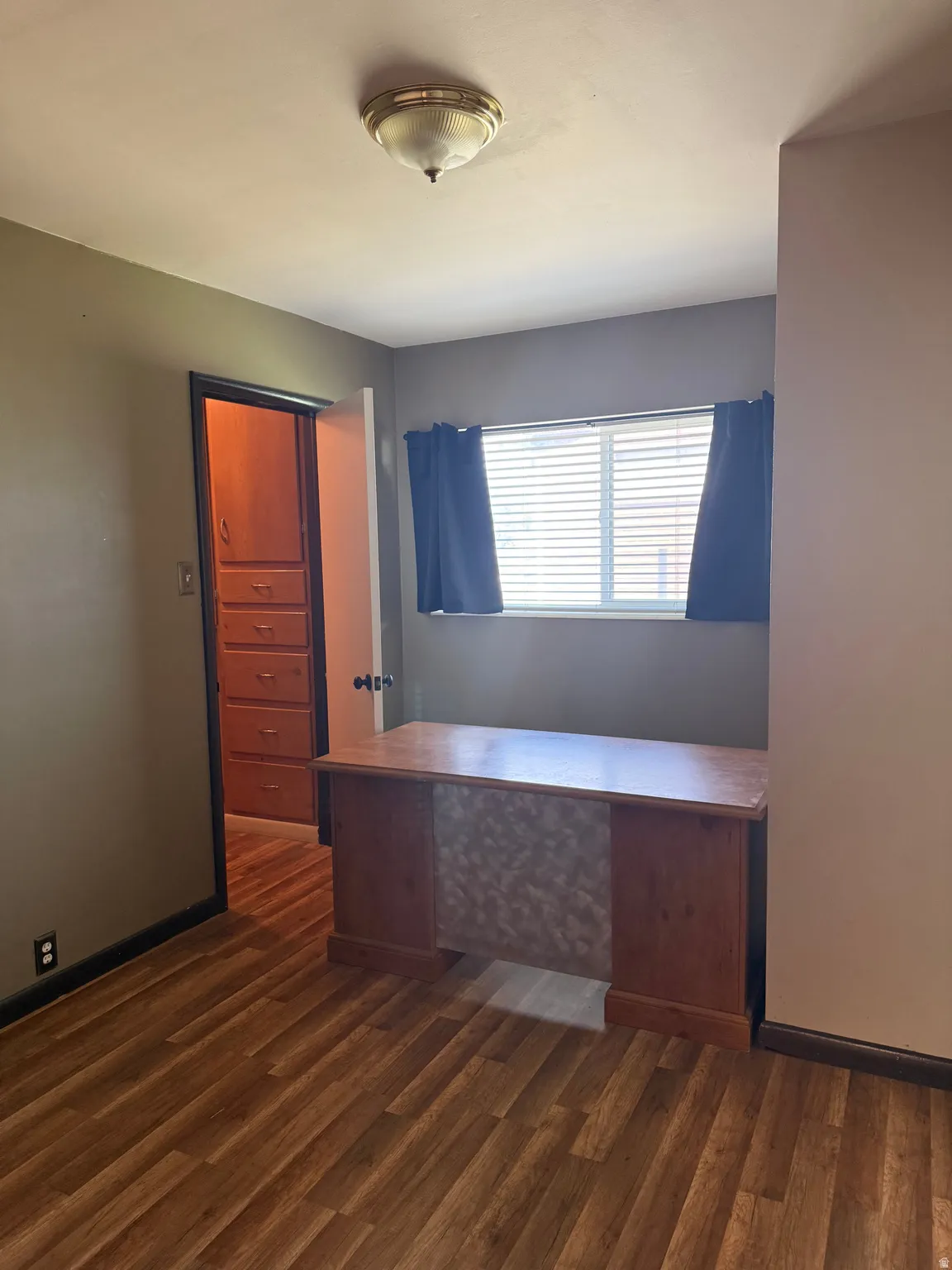 Room featuring wood-finish flooring, a window with horizontal blinds, and a flush mount ceiling light fixture