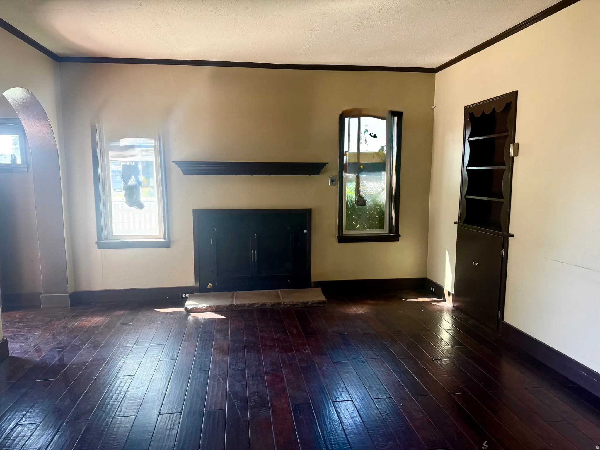 Dark wood-finish flooring, built-in shelving, fireplace with stone hearth, and archway architectural detail