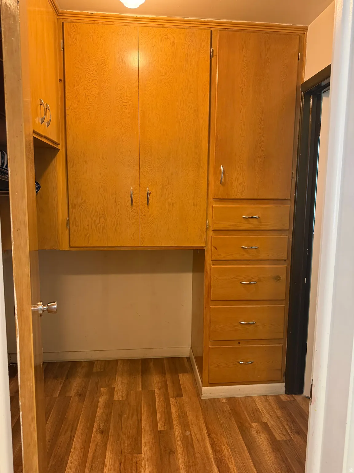 Built-in wood cabinetry with storage drawers and overhead compartments, featuring wood-finish flooring