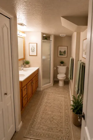 Dual vanity with wood cabinetry, full-width mirror, tile flooring, corner shower with frosted glass enclosure, and a built-in toilet