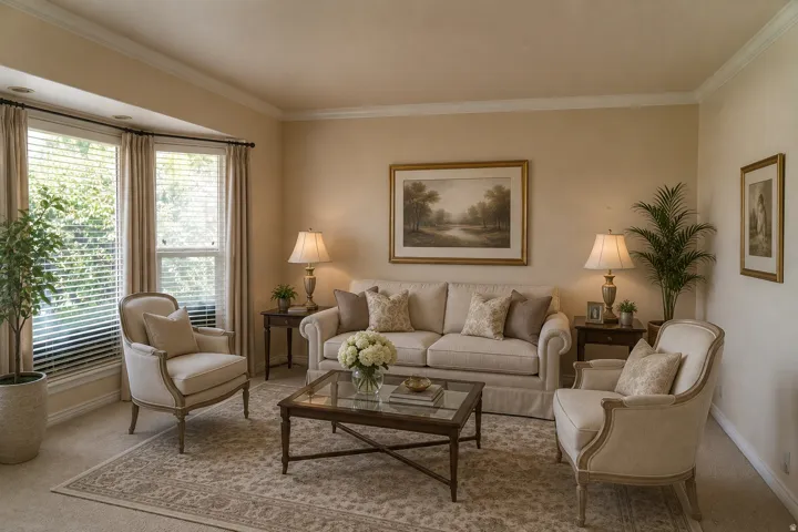 Recessed lighting, crown molding, and a bay window enhance this living space