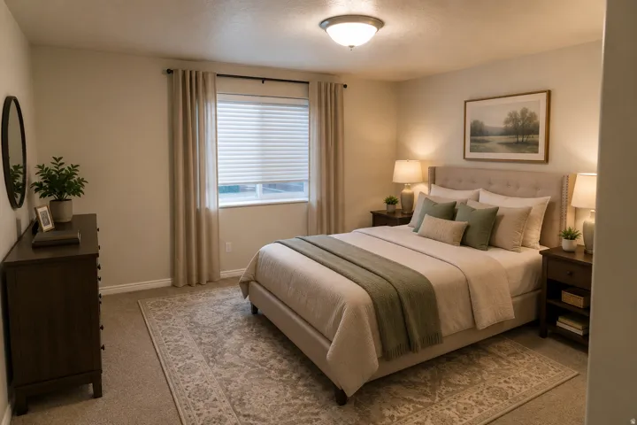 Recessed lighting, window with blinds, carpeted flooring, neutral wall tones, and crown molding