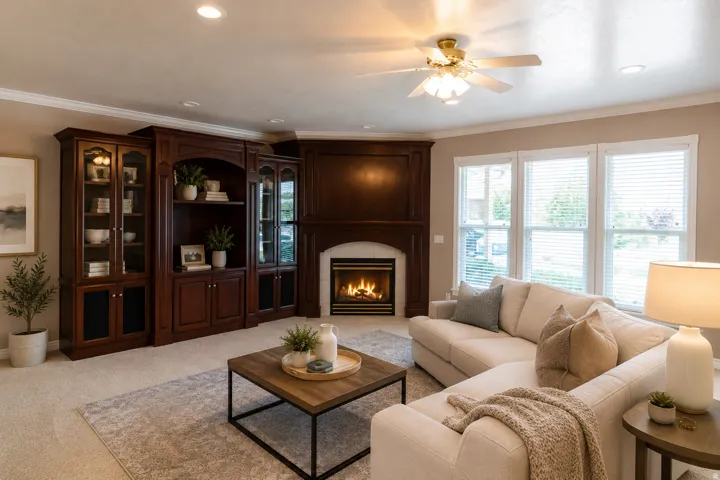 Built-in wood cabinetry with glass-front display, gas fireplace with tile surround, multiple windows with blinds, recessed lighting, and a ceiling fan