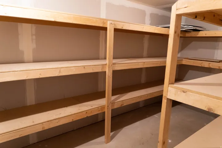 Built-in wood shelving providing ample storage