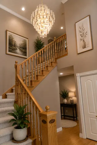 Two-story entry featuring a crystal chandelier, wood staircase with carpeted treads, and wood-finish flooring
