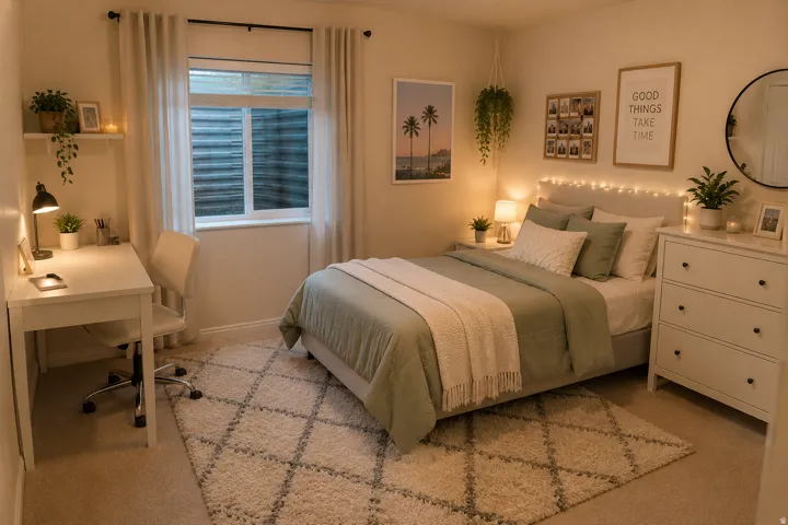 Recessed window with white trim, built-in shelving, textured wall-to-wall carpeting, and a white dresser with black hardware