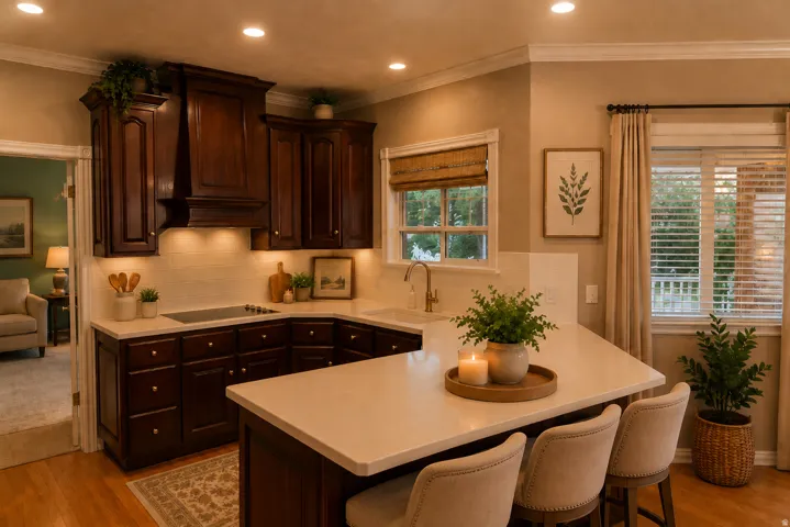 L-shaped kitchen with dark wood cabinetry, light-toned countertops, tile backsplash, and recessed lighting