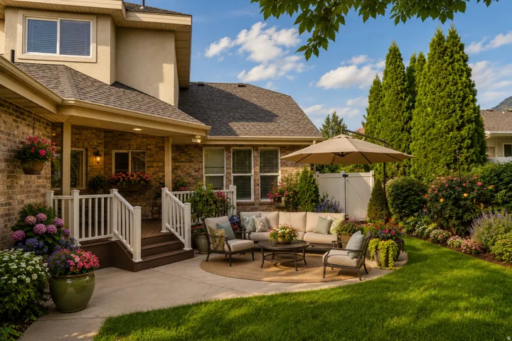Brick and stucco exterior, paved patio, expansive lawn, mature plantings, and a white privacy fence