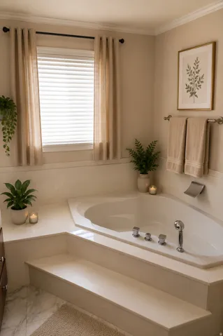 Built-in corner soaking tub with integrated steps, tile surround, and chrome fixtures