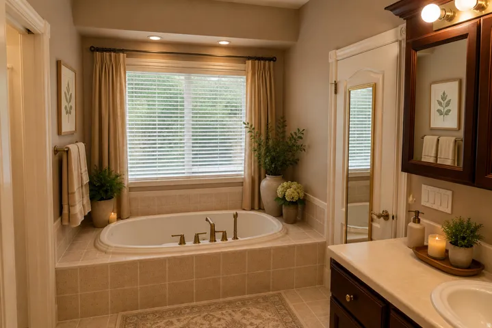 Built-in soaking tub with brass fixtures, tile surround, recessed lighting, and a large window with blinds