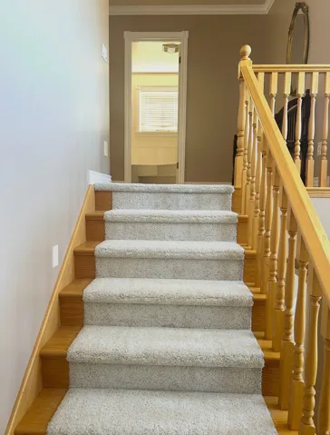 Staircase featuring wood steps with carpet runners and a wood baluster railing