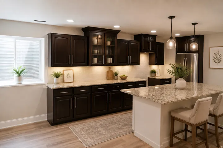 Basement kitchen is 1/2 finished. Dark wood-finish cabinetry with glass-front accents