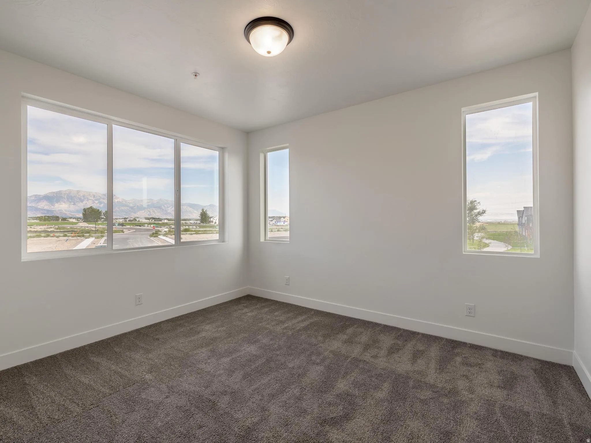 Wall-to-wall carpeting with a neutral finish, white painted walls, a flush-mount ceiling light fixture, and multiple windows