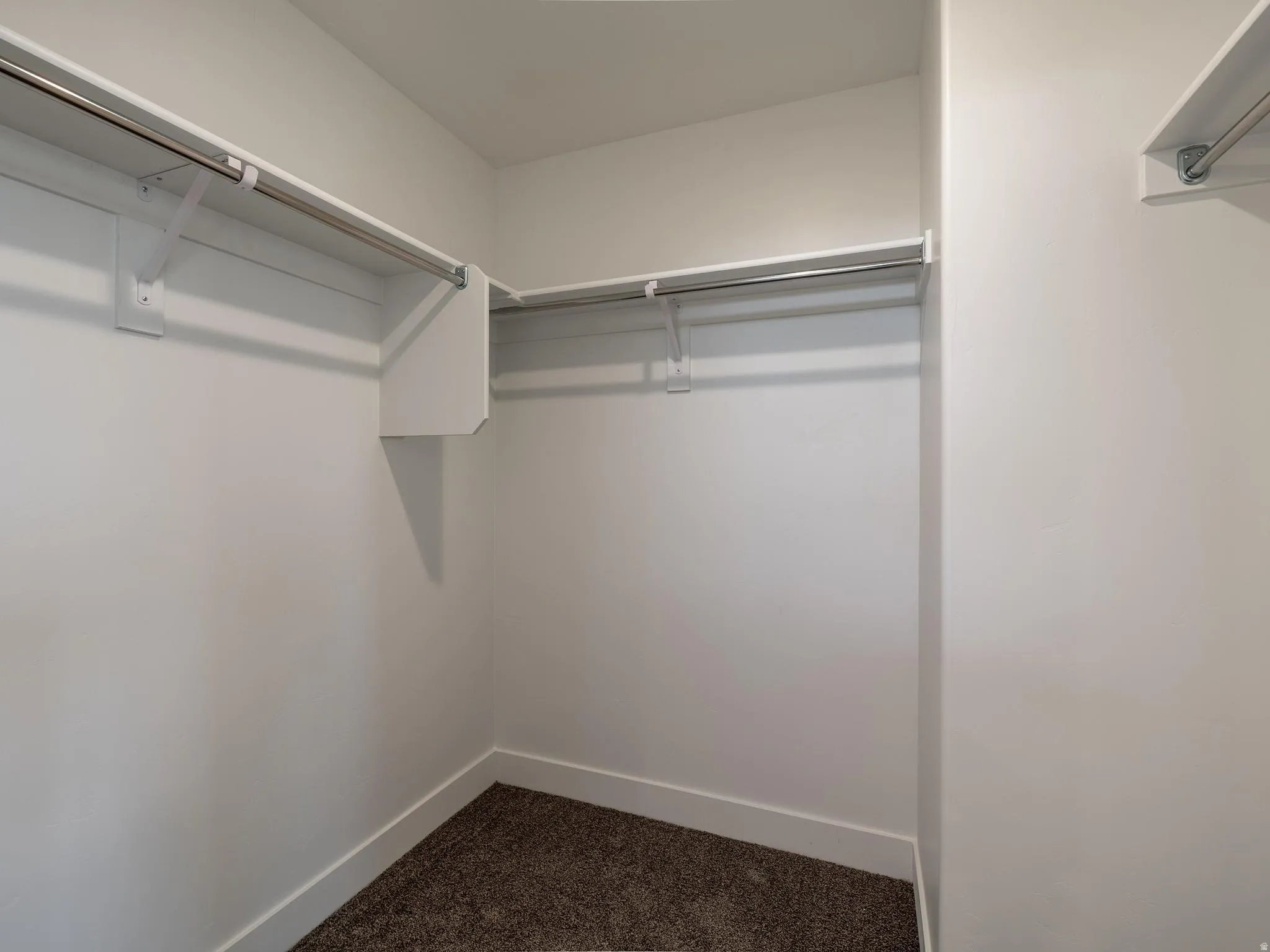 White interior walls, carpet flooring, and stainless steel hanging rods