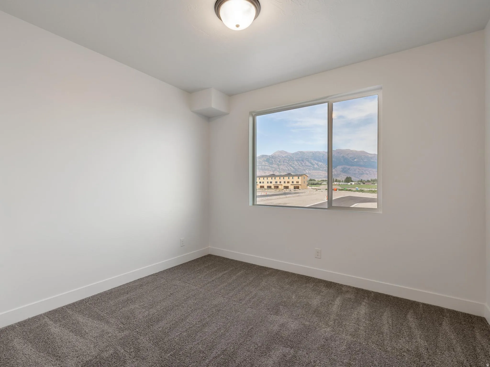 Neutral wall paint, gray carpet, flush mount ceiling light, and a window with mountain scenery