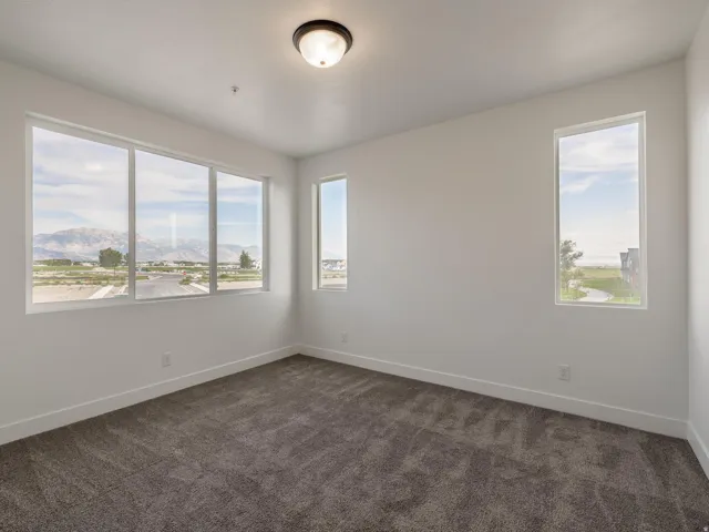 Wall-to-wall carpeting with a neutral finish, white painted walls, a flush-mount ceiling light fixture, and multiple windows