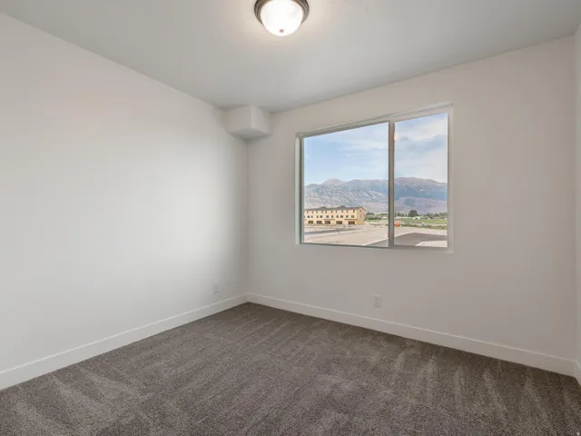 Neutral wall paint, gray carpet, flush mount ceiling light, and a window with mountain scenery