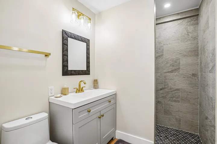 Bathroom featuring a gray vanity with a white countertop and gold-tone faucet, a decorative framed mirror, and a shower with large format wall tiles and hexagonal floor tiles