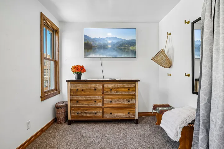 Window with wood-finish trim, white wall finishes, and gray carpet