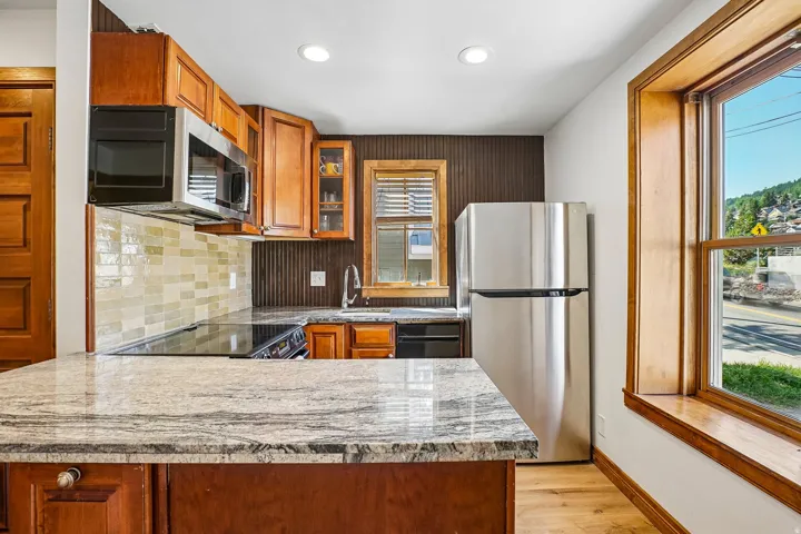 Kitchen featuring granite countertops, wood cabinetry, stainless steel appliances, and a tiled backsplash