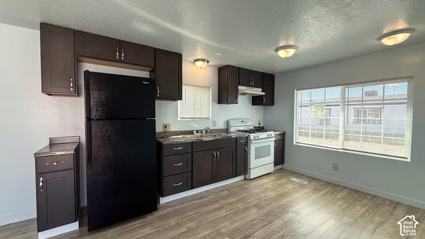 Kitchen featuring dark wood-finish cabinetry, wood-finish flooring, a white gas range, a black refrigerator, and overhead lighting