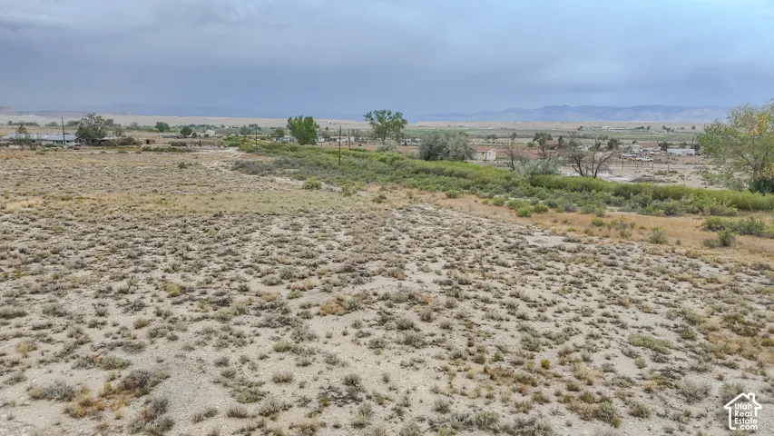 Expansive open land with varied natural vegetation, distant structures, and a clear horizon line