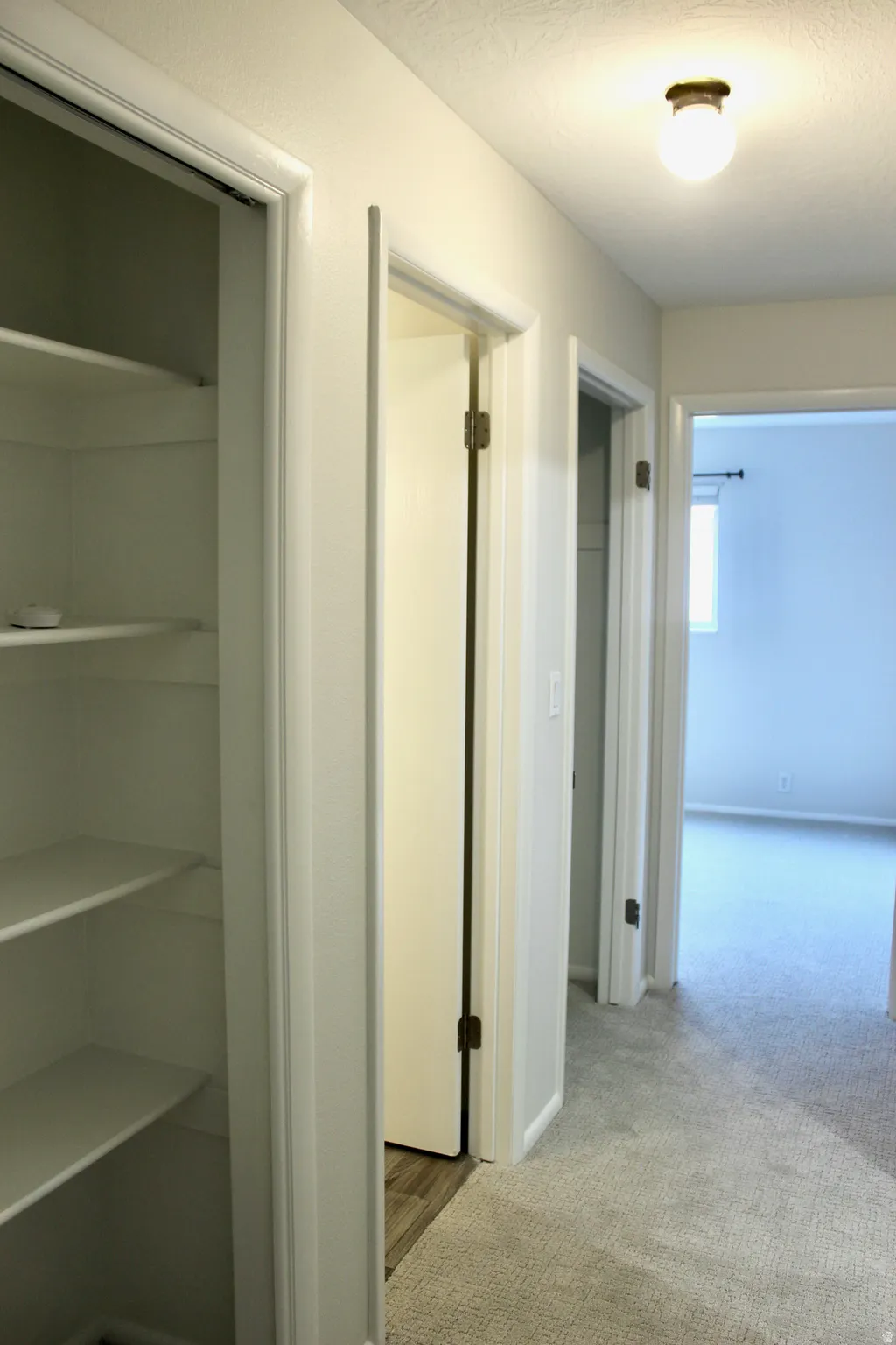 Hallway featuring a built-in linen closet with shelving, overhead flush-mount lighting, and neutral carpeting