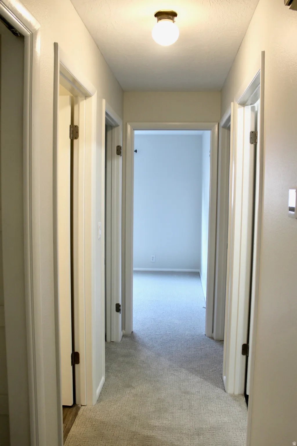 Hallway with neutral wall paint, light-colored carpeting, and a flush-mount ceiling light fixture
