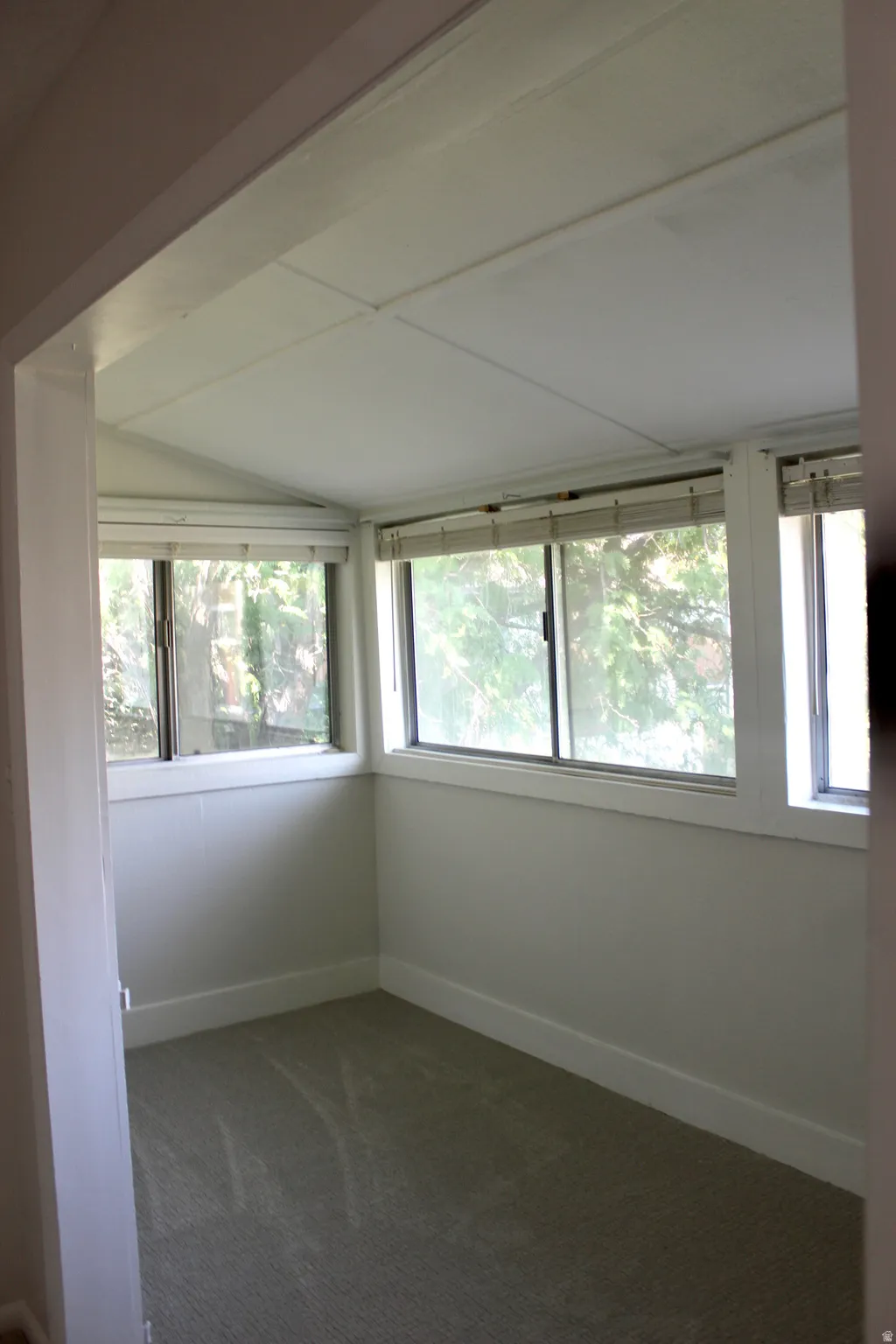 Sunroom featuring multiple windows, sloped ceiling, and carpeted flooring