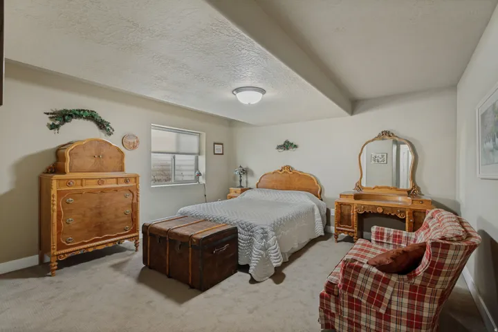 Carpeted room featuring a window and overhead lighting