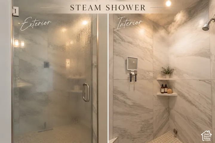 Glass-enclosed shower with a chrome shower head and dual recessed shelves