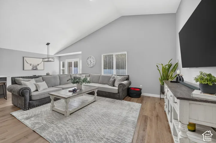 Vaulted ceilings, wood-finish flooring, and light gray wall tones