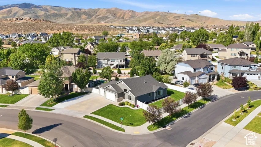 Suburban residential area with established landscaping, paved streets, and mountain backdrop