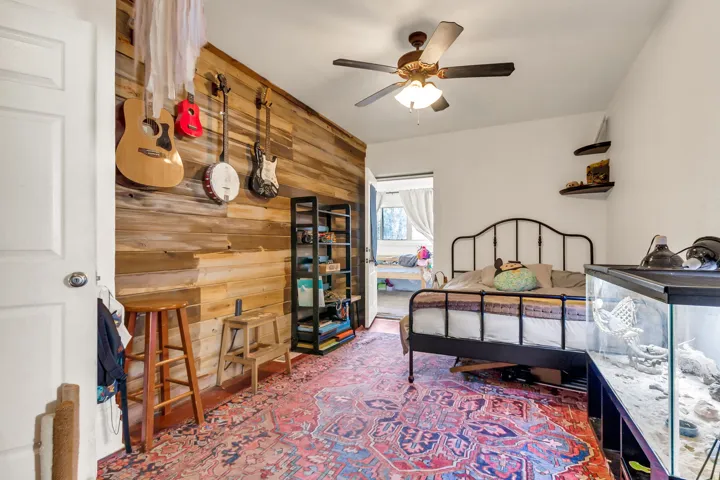 Accent wall with horizontal wood paneling